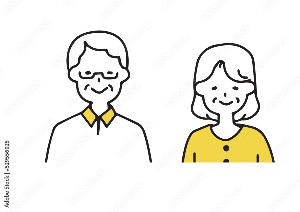 シンプルな笑顔の高齢男性と高齢女性の夫婦のアイコン