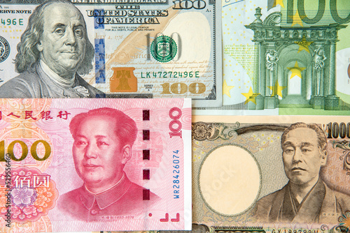 Kkey currency image -US Dollar, JP Yen, Eurp and Chinese Yen.