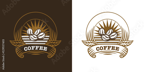 Coffee logo vector illustration, retro vintage emblem design on black and white background. Coffee beans, leaves, ribbon ornament