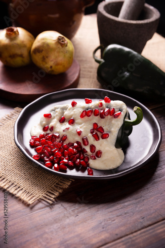 Chile en Nogada, Typical dish from Mexico. Prepared with poblano chili stuffed with meat and fruits and covered with a special walnut sauce. Named as the quintessential Mexican dish.