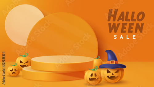 Halloween display podium decoration background with scary ornament. Vector 3D Illustration