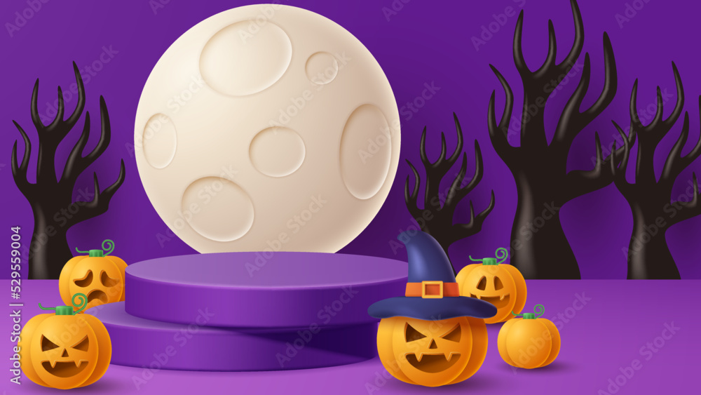 Fototapeta premium Halloween display podium decoration background with scary ornament. Vector 3D Illustration