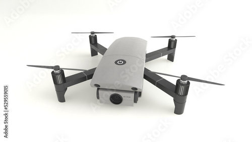 Drohne mit Kamera stehend auf weissem Untergrund