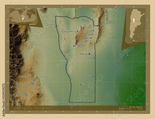 San Luis, Argentina. Physical. Labelled points of cities photo