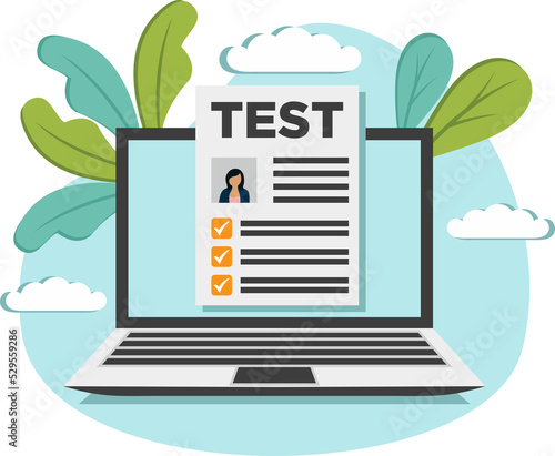 Test Online exam, laptop with checklist, taking test, choosing answer, questionnaire form, education concept. Flat cartoon design, vector illustration photo