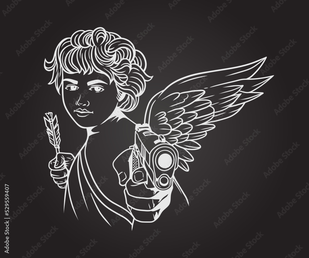 beautiful face cupid angel with wings, pointing gun and holding arrow, vector on black background