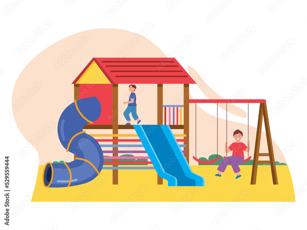 Children equipment on playground with slide, spiral tube slide and swing equipment. Different types of playground slides. SVG vector illustration Children equipment on playground with slide, spiral tube slide and swing equipment. Different types of playground slides. SVG vector illustration