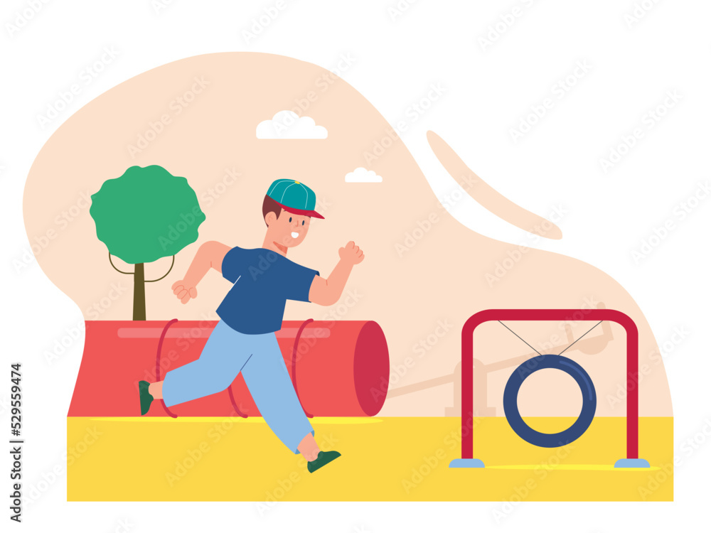 The boy running in playground. Outdoor playground equipment. SVG vector illustration The boy running in playground. Outdoor playground equipment. SVG vector illustration