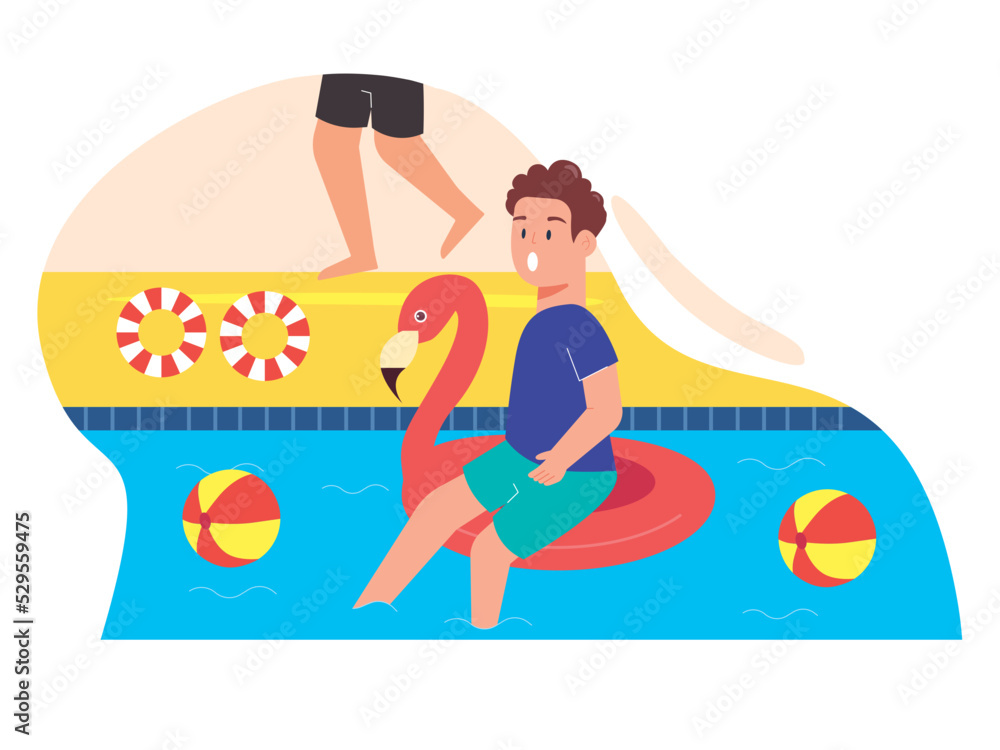 The boy playing ball in pool. Playing balls in pool for fun. SVG vector illustration	
