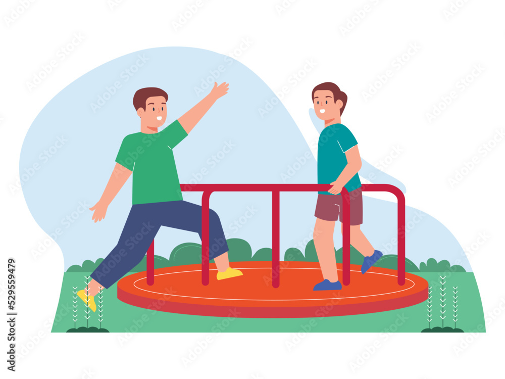 Spinning round at playground. Having fun on playground with friends. SVG vector illustration	