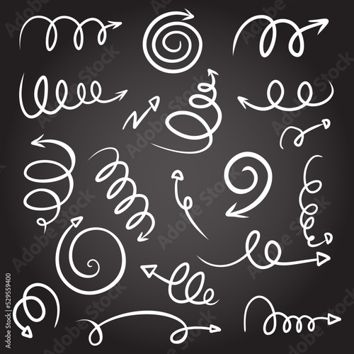 Set of spirals with arrows, vector illustration hand drawn on black background