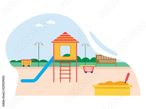 Children playground in the park with slides and sandpit. Outdoor playgrounds in summer. SVG vector illustration	