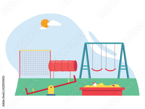 Kids playground at summer. Several kinds equipment of games at playground. SVG vector illustration	