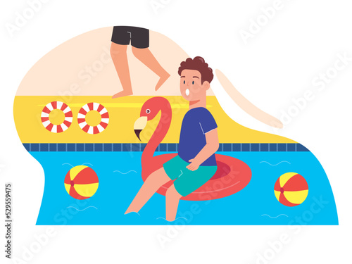 The boy playing ball in pool. Playing balls in pool for fun. SVG vector illustration 