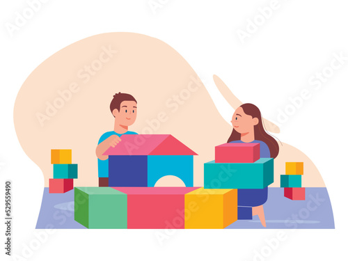 Children playing with toy blocks.  The colourful of the blocks. SVG ector illustration	