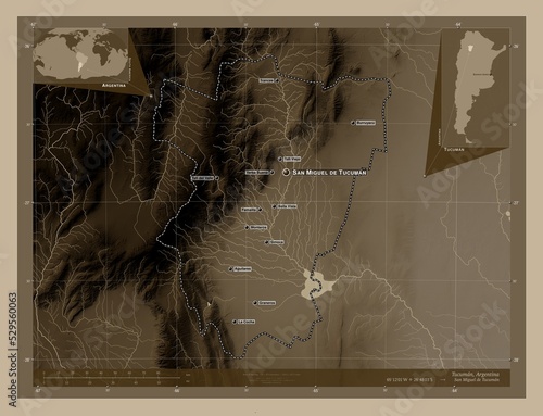 Tucuman, Argentina. Sepia. Labelled points of cities photo