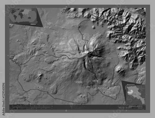 Aragatsotn, Armenia. Bilevel. Labelled points of cities photo