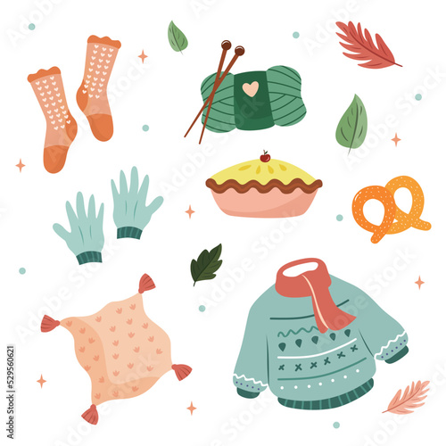 Hand drawn hygge stickers pack flat vector illustration. winter starterpack. autumn set