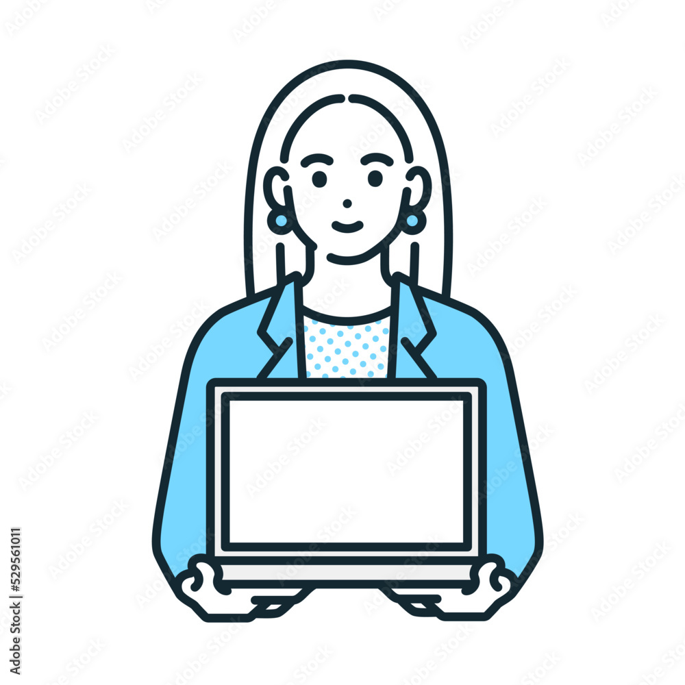 パソコンを手に持つビジネスウーマンのベクターイラスト素材。