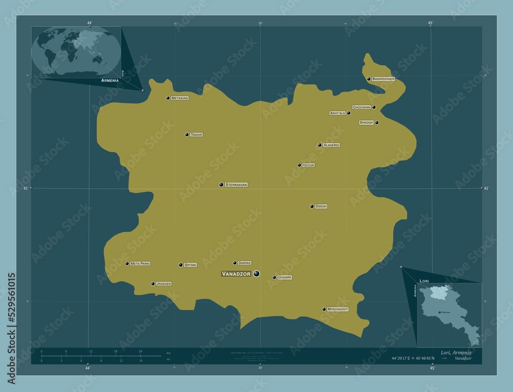 Obraz premium Lori, Armenia. Solid. Labelled points of cities