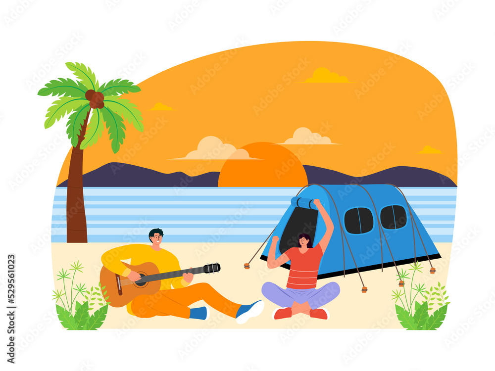 Enjoy the sunset by singing and playing the guitar by the beach. Having fun with friend in camp. PNG illustration