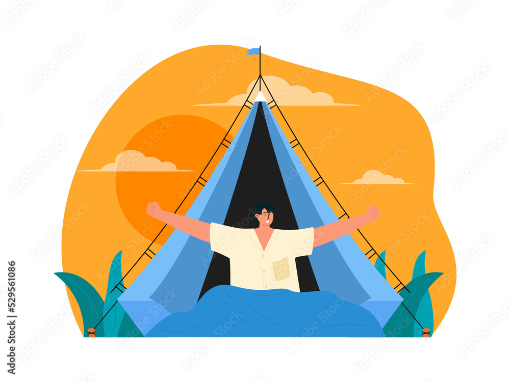 A man sits in front of the tent. Adventure in nature will give you a wonderful experience. PNG illustration