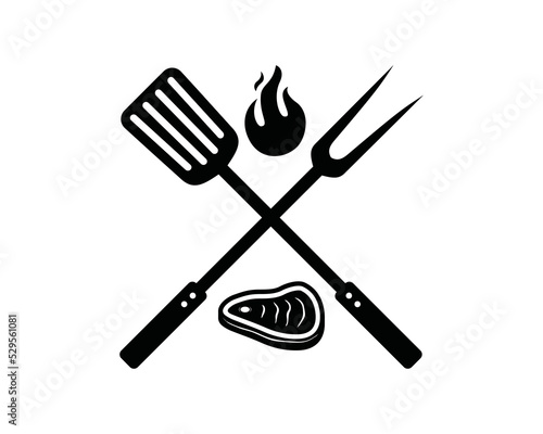 Grill fork and spatula tools with fire and fresh meat for barbecue or BBQ symbol icon vector. Smoke and grill logo design