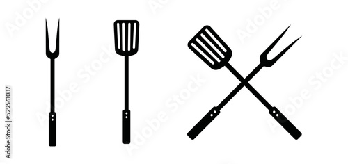 Grill fork and spatula tools icon vector set. Barbecue or BBQ symbol silhouette 