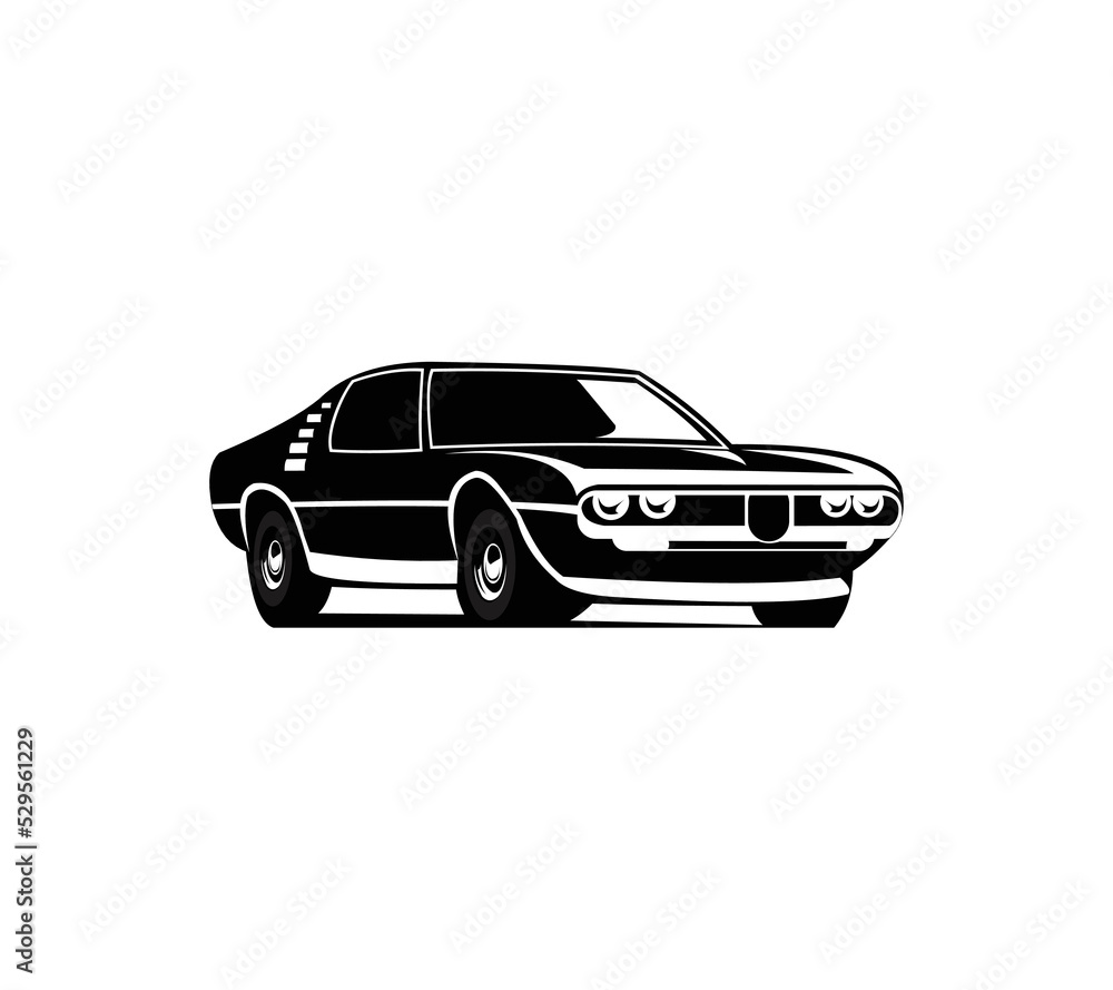 Naklejka premium Retro muscle car vector illustration. Vintage poster of reto car. Old mobile isolated on white.