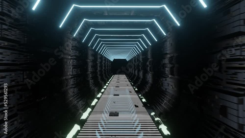 HD video of abstract sci-fi interior view of spaceship, tunnel, or corridor. The interior design of the dramatic underground scene.
