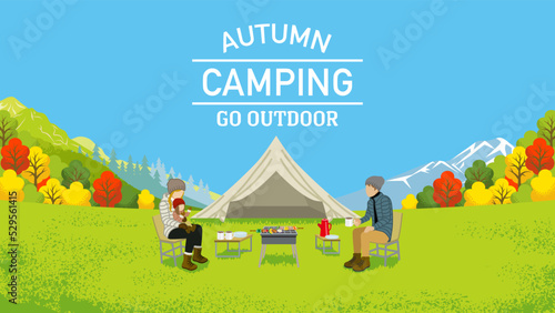 Young family enjoying camp in autumn nature - Included words