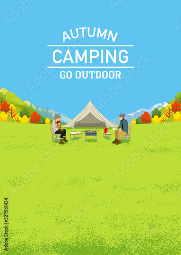 Young family enjoying camp in autumn nature - Vertical, Included words