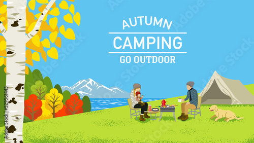 Young family and their dog enjoying camp in autumn nature - Included words
