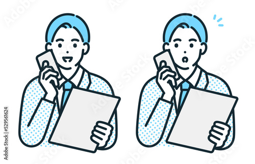 スマートフォンで会話をする男性。ビジネスマンのイラスト素材。