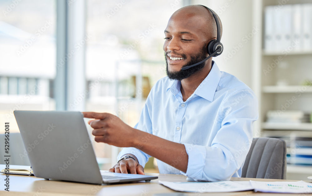 Call center black man on laptop and video call with headset
