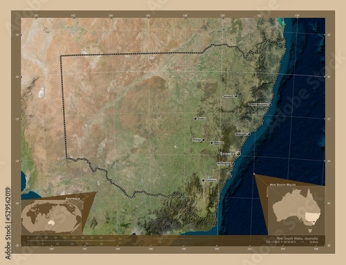 New South Wales, Australia. Low-res satellite. Labelled points of cities photo