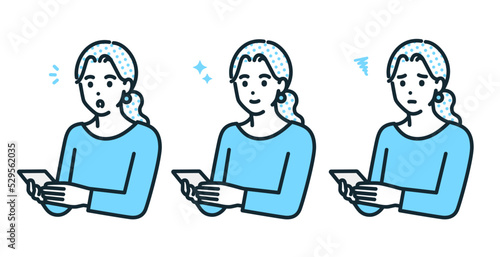 スマホを操作する女性のイラスト素材。驚く、微笑む、困る3つの表情。