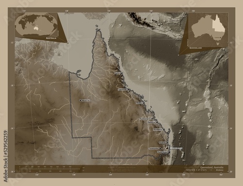 Queensland, Australia. Sepia. Labelled points of cities photo