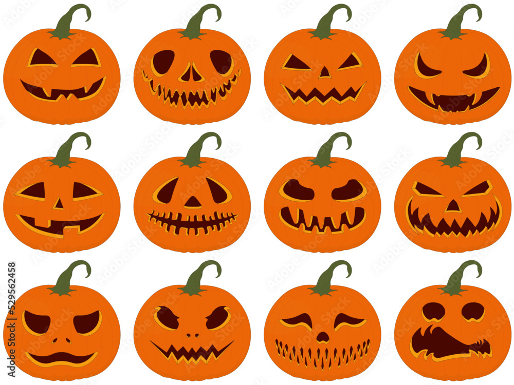 Halloween scary and funny Jack-O'-Lantern pumpkins collection vector illustration Halloween scary and funny Jack-O'-Lantern pumpkins collection vector illustration