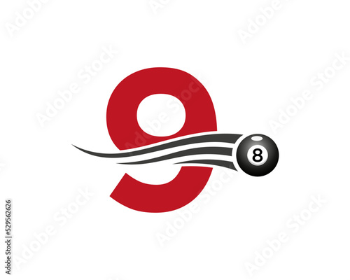 Letter 9 Billiards or Pool Game Logo Design For Billiard Room or 8 Ball Pool Club Symbol Vector Template