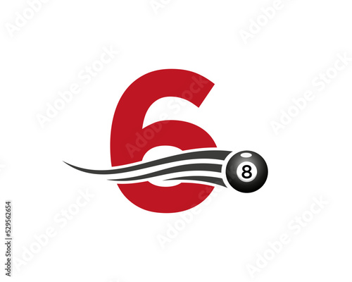 Letter 6 Billiards or Pool Game Logo Design For Billiard Room or 8 Ball Pool Club Symbol Vector Template