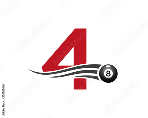 Letter 4 Billiards or Pool Game Logo Design For Billiard Room or 8 Ball Pool Club Symbol Vector Template