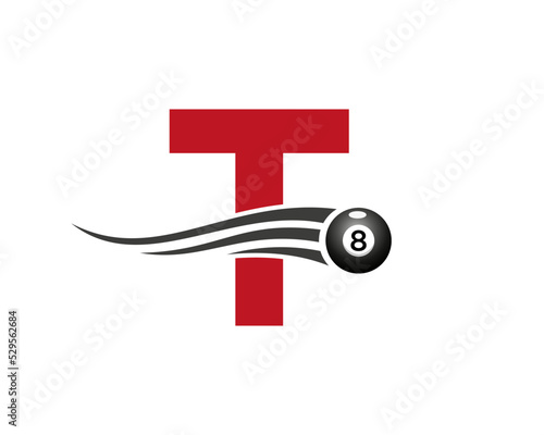 Letter T Billiards or Pool Game Logo Design For Billiard Room or 8 Ball Pool Club Symbol Vector Template