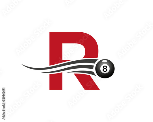 Letter R Billiards or Pool Game Logo Design For Billiard Room or 8 Ball Pool Club Symbol Vector Template
