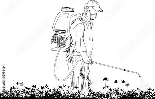 Farmer doing pesticide spray vector drawing, Indian farmer doing pesticide fertilizer spray in his farm sketch drawing, Farmer with pesticide tank silhouette cartoon doodle