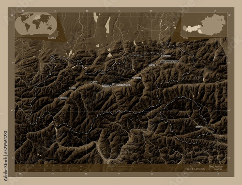 Tirol, Austria. Sepia. Labelled points of cities photo