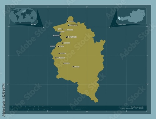 Vorarlberg, Austria. Solid. Labelled points of cities photo