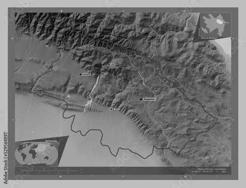 Daglig-Shirvan, Azerbaijan. Grayscale. Labelled points of cities photo