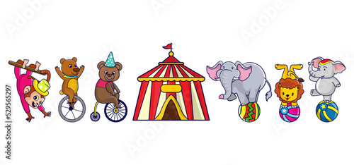 Circus animal elements set: tent, monkey hanging, bear on a unicycle, elephants on a ball, lion on a ball