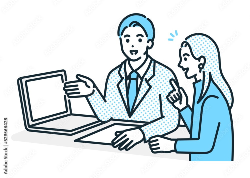 Fototapeta パソコン画面を見せ提案するビジネスパーソン 打ち合わせをする男性と女性のイラスト素材 Naklejamy Com